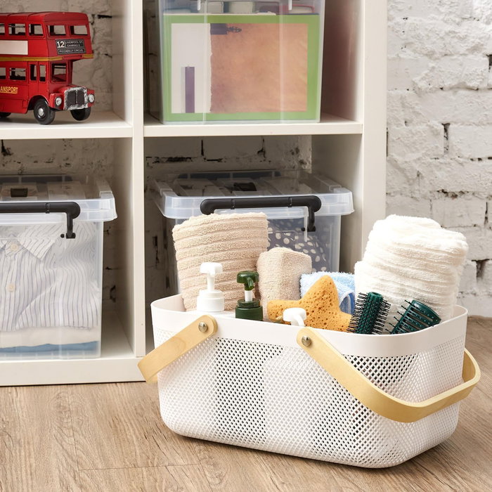 Inde Cesta Organizadora Rectangular de Plástico con Asa de Madera 41.4 cm x 26.9 cm x 17.8 cm (12 Unidades)