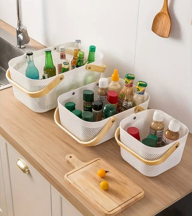 Inde Cesta Organizadora Rectangular de Plástico con Asa de Madera 41.4 cm x 26.9 cm x 17.8 cm (12 Unidades)