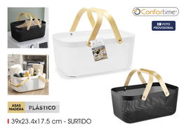 Inde Cesta Organizadora Rectangular de Plástico con Asa de Madera 41.4 cm x 26.9 cm x 17.8 cm (12 Unidades)