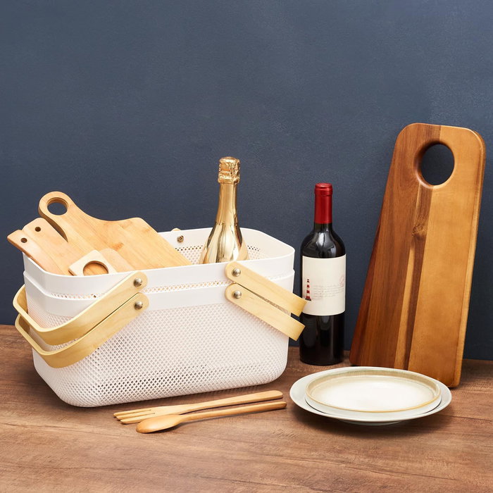 Inde Cesta Organizadora Rectangular de Plástico con Asa de Madera 41.4 cm x 26.9 cm x 17.8 cm (12 Unidades)