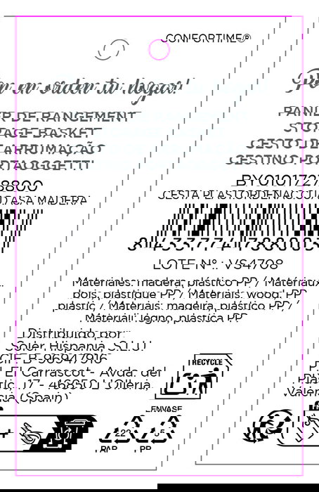 Inde Cesta Organizadora Rectangular de Plástico con Asa de Madera 41.4 cm x 26.9 cm x 17.8 cm (12 Unidades)