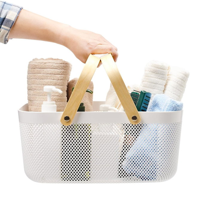 Inde Cesta Organizadora Rectangular de Plástico con Asa de Madera 41.4 cm x 26.9 cm x 17.8 cm (12 Unidades)