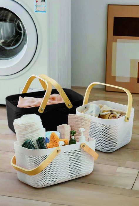 Inde Cesta Organizadora Rectangular de Plástico con Asa de Madera 41.4 cm x 26.9 cm x 17.8 cm (12 Unidades)