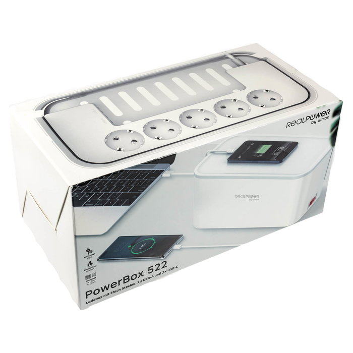 RealPower PowerBox 522 Regleta de 5 Tomas AC y 4 Puertos USB Incl. Tipo-C, 3.1A, 5V, Interruptor, Cable 1.5m, Color Blanco, para Interior
