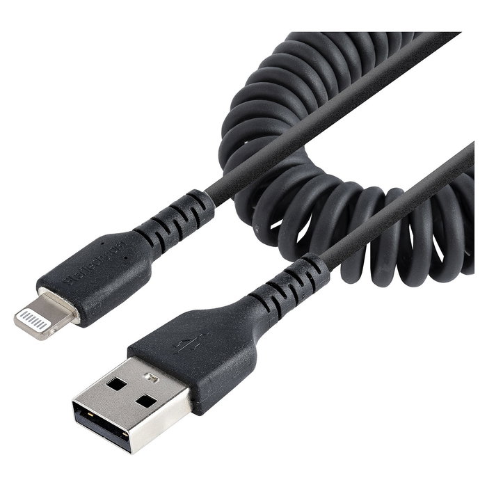 StarTech Cable USB a Lightning MFi 1 m Rizado Negro, Aramid Fiber y TPE, 480 Mbit/s, Para iPhone, Negro StarTech Cable USB a Lightning MFi 1 m Rizado Negro, Aramid Fiber y TPE, 480 Mbit/s, Para iPhone, Negro