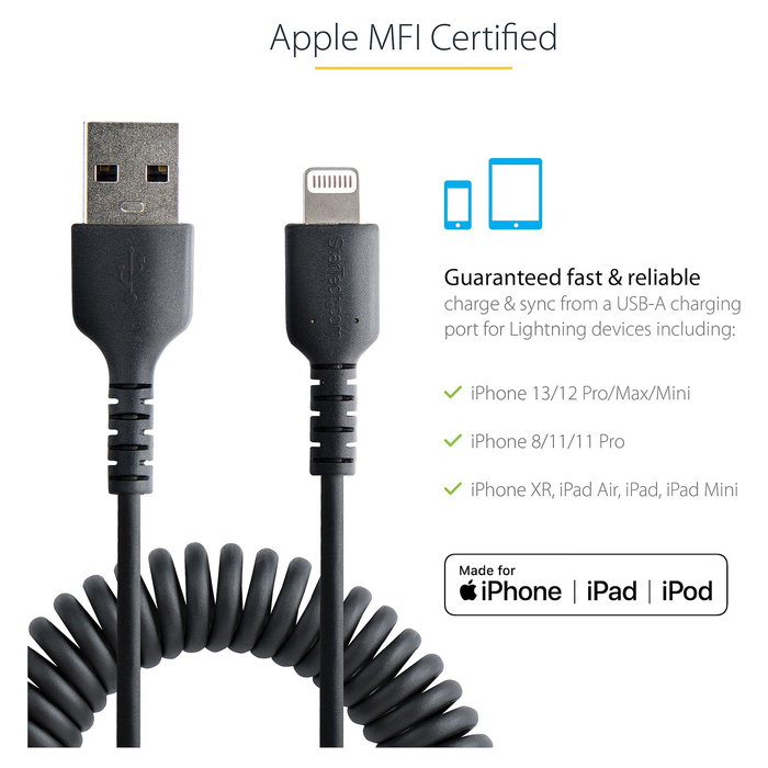 StarTech Cable USB a Lightning MFi 1 m Rizado Negro, Aramid Fiber y TPE, 480 Mbit/s, Para iPhone, Negro StarTech Cable USB a Lightning MFi 1 m Rizado Negro, Aramid Fiber y TPE, 480 Mbit/s, Para iPhone, Negro