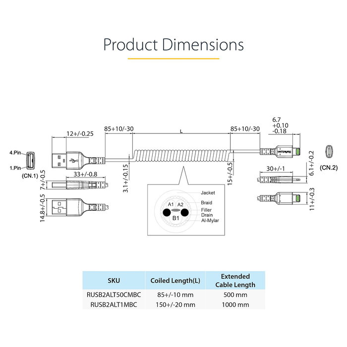 StarTech Cable USB a Lightning MFi 1 m Rizado Negro, Aramid Fiber y TPE, 480 Mbit/s, Para iPhone, Negro StarTech Cable USB a Lightning MFi 1 m Rizado Negro, Aramid Fiber y TPE, 480 Mbit/s, Para iPhone, Negro