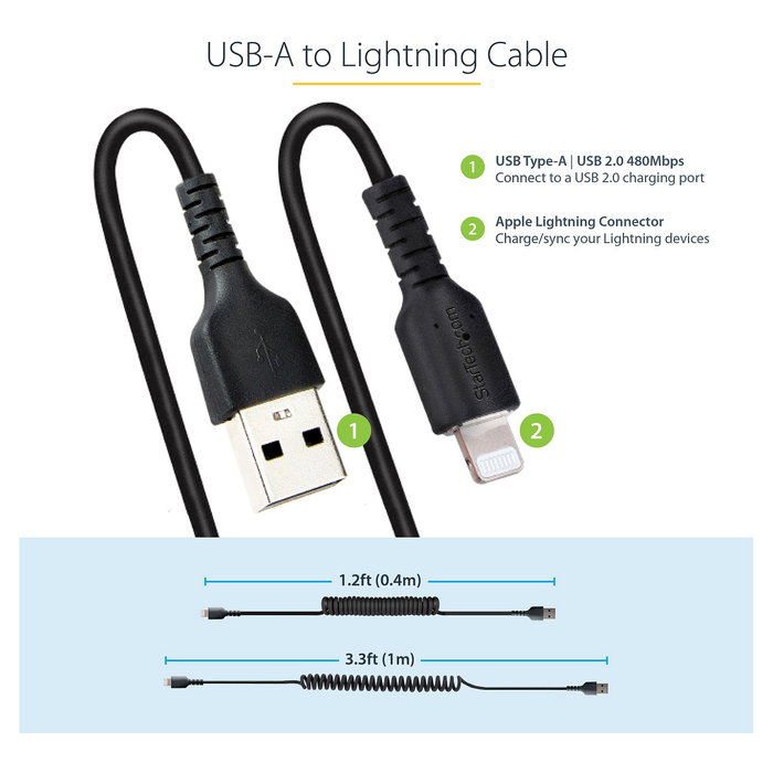 StarTech Cable USB a Lightning MFi 1 m Rizado Negro, Aramid Fiber y TPE, 480 Mbit/s, Para iPhone, Negro StarTech Cable USB a Lightning MFi 1 m Rizado Negro, Aramid Fiber y TPE, 480 Mbit/s, Para iPhone, Negro