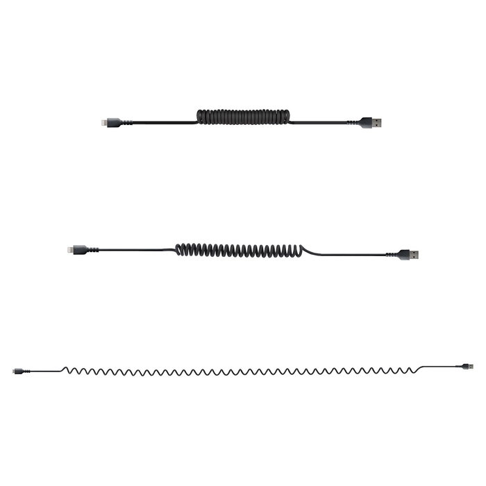 StarTech Cable USB a Lightning MFi 1 m Rizado Negro, Aramid Fiber y TPE, 480 Mbit/s, Para iPhone, Negro StarTech Cable USB a Lightning MFi 1 m Rizado Negro, Aramid Fiber y TPE, 480 Mbit/s, Para iPhone, Negro