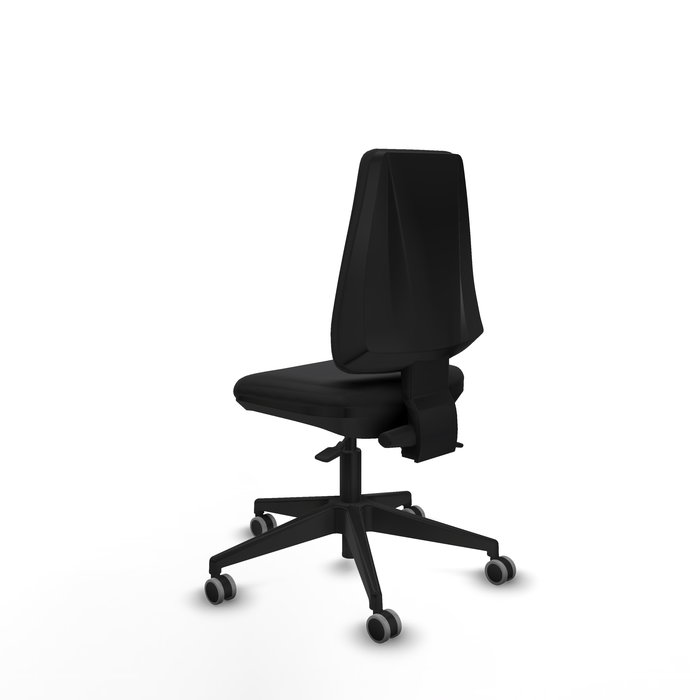 Silla de oficina Elche con mecanismo Asincro tapizada con Similpiel color Negro. Equipada con Base piramidal negra, Sin brazos y Ruedas 65 mm parqué