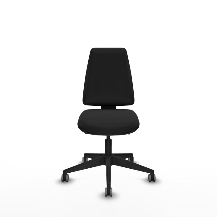 Silla de oficina Elche con mecanismo Asincro tapizada con Similpiel color Negro. Equipada con Base piramidal negra, Sin brazos y Ruedas 65 mm parqué