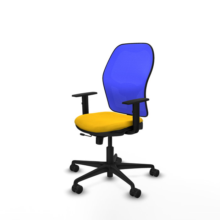 Silla de oficina Jorquera con mecanismo Sincro/Traslack tapizada con Tela color Amarillo y malla color Azul. Equipada con lumbar 1D, Brazos 1D y Ruedas 65mm nailon