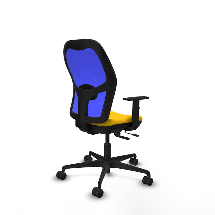 Silla de oficina Jorquera con mecanismo Sincro/Traslack tapizada con Tela color Amarillo y malla color Azul. Equipada con lumbar 1D, Brazos 1D y Ruedas 65mm nailon