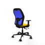 Silla de oficina Jorquera con mecanismo Sincro/Traslack tapizada con Tela color Amarillo y malla color Azul. Equipada con lumbar 1D, Brazos 1D y Ruedas 65mm nailon
