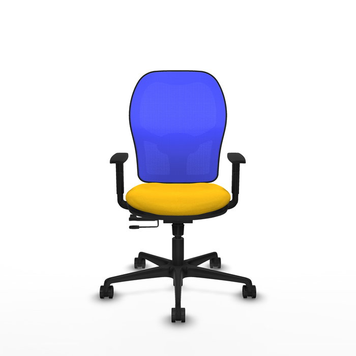Silla de oficina Jorquera con mecanismo Sincro/Traslack tapizada con Tela color Amarillo y malla color Azul. Equipada con lumbar 1D, Brazos 1D y Ruedas 65mm nailon