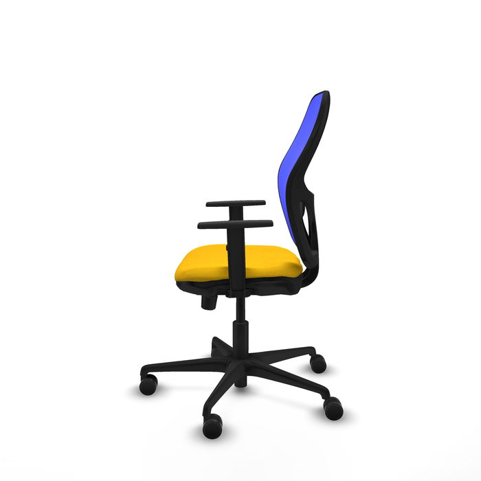 Silla de oficina Jorquera con mecanismo Sincro/Traslack tapizada con Tela color Amarillo y malla color Azul. Equipada con lumbar 1D, Brazos 1D y Ruedas 65mm nailon
