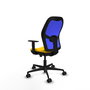 Silla de oficina Jorquera con mecanismo Sincro/Traslack tapizada con Tela color Amarillo y malla color Azul. Equipada con lumbar 1D, Brazos 1D y Ruedas 65mm nailon