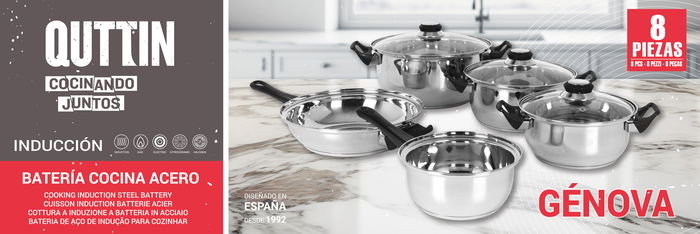 Inde Batería de Cocina 8 Piezas Acero Inoxidable para Inducción Colección Genova - 48.1 cm Largo, 26 cm Ancho, 17.1 cm Alto (2 Unidades)