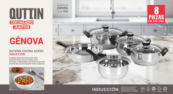 Inde Batería de Cocina 8 Piezas Acero Inoxidable para Inducción Colección Genova - 48.1 cm Largo, 26 cm Ancho, 17.1 cm Alto (2 Unidades)