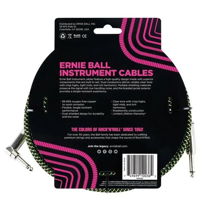 Ernieball Cable de Instrumento Trenzado Jack-Jack Negro/Verde 5,49 M