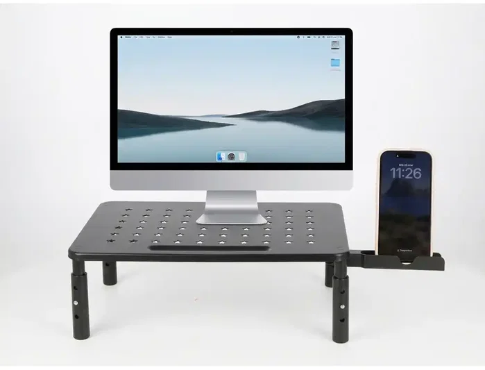 Q-connect Soporte para monitor metálico regulable en altura con soporte para móvil
