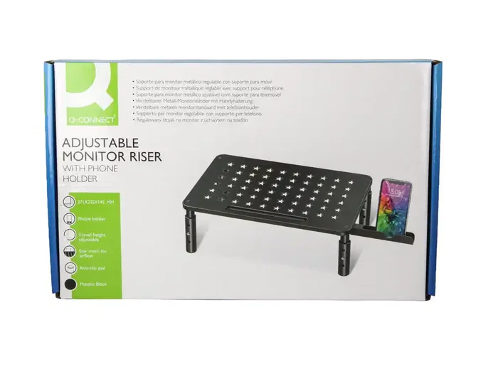 Q-connect Soporte Metálico para Monitor Regulable en Altura con Soporte para Móvil, 371 x 235 x 145 mm