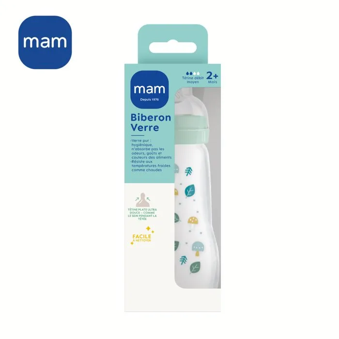 MAM Biberón de Vidrio 260 ml - 0 a 6 meses - Flow Teat 2 - Azul