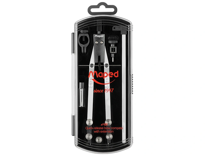 Maped Compás Técnico con Bigotera y Alargador, Stop System, Adaptador Universal, 5 Piezas