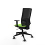 Silla de oficina Horna con mecanismo Sincro tapizada con Tela color Pistacho y malla color Negro. Equipada con lumbar 1D, Brazos 1D y Ruedas 65 mm parqué