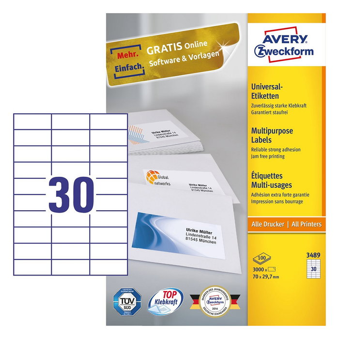 AVERY Zweckform Etiquetas 3489 Blancas 70,0 x 29,7 mm AVERY Zweckform Etiquetas 3489 Blancas 70,0 x 29,7 mm
