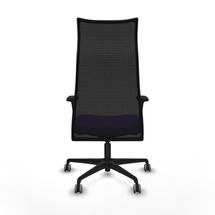 Sillón Albacete con mecanismo Sincro tapizada con Tela color Lila y malla color Negro. Equipado con Base nailon negra, Brazos 1D y Ruedas 65 mm parqué