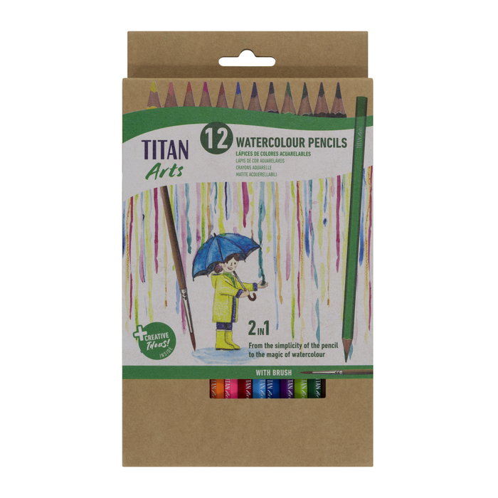 Titan Arts Lápices de Colores Acuarelables Surtidos Estuche 12 Ud + Pincel