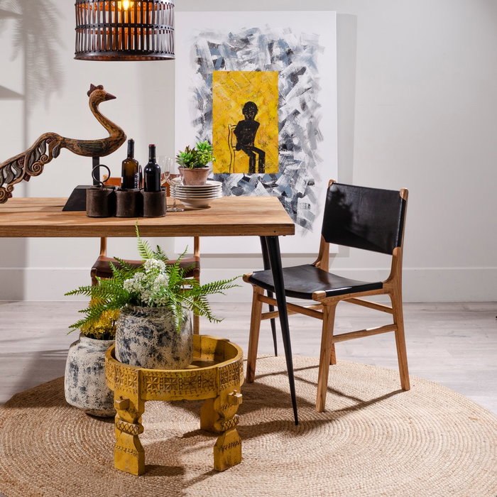 Silla Negro Madera Teca-Piel Salón 50 X 52 X 83 cm