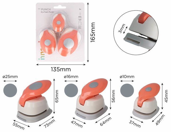 Innspiro Set de 3 troqueladoras de figuras Eva Foam Punch círculos 1-1,6-2,5 cm