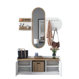 Hanah Home EE101 - 1983 Recibidor Blanco y Nogal con Almacenamiento y Espejo. Mueble de Entrada. Ancho 120cm, Alto 45cm, Profundidad 40cm. Elegante y Funcional.