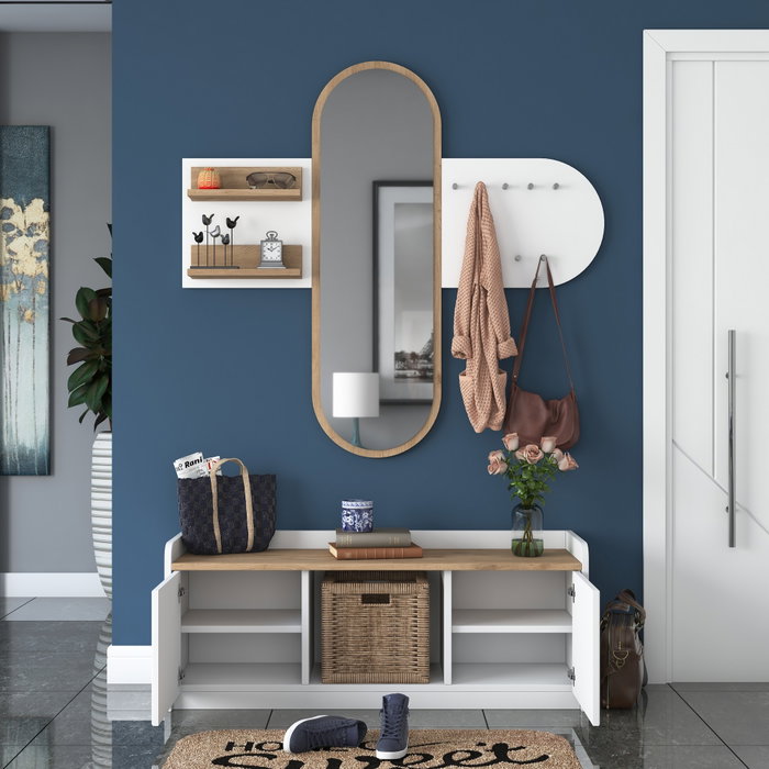 Hanah Home EE101 - 1983 Recibidor Blanco y Nogal con Almacenamiento y Espejo. Mueble de Entrada. Ancho 120cm, Alto 45cm, Profundidad 40cm. Elegante y Funcional. Hanah Home EE101 - 1983 Recibidor Blanco y Nogal con Almacenamiento y Espejo. Mueble de Entrada. Ancho 120cm, Alto 45cm, Profundidad 40cm. Elegante y Funcional.