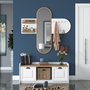 Hanah Home EE101 - 1983 Recibidor Blanco y Nogal con Almacenamiento y Espejo. Mueble de Entrada. Ancho 120cm, Alto 45cm, Profundidad 40cm. Elegante y Funcional.