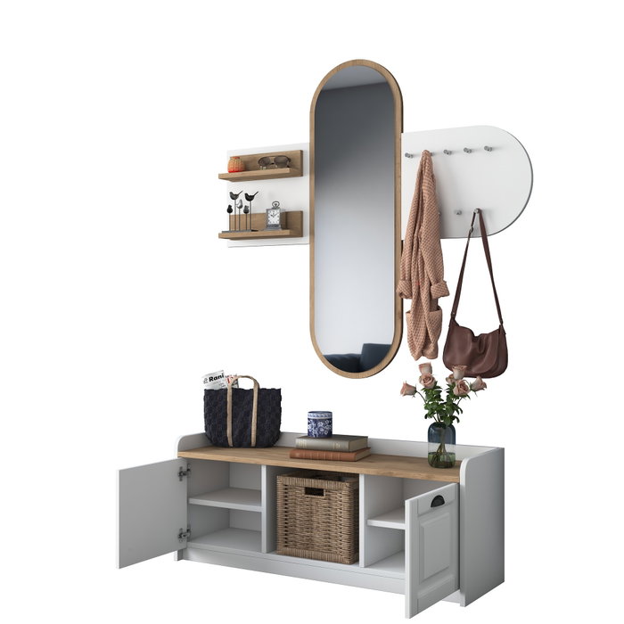 Hanah Home EE101 - 1983 Recibidor Blanco y Nogal con Almacenamiento y Espejo. Mueble de Entrada. Ancho 120cm, Alto 45cm, Profundidad 40cm. Elegante y Funcional. Hanah Home EE101 - 1983 Recibidor Blanco y Nogal con Almacenamiento y Espejo. Mueble de Entrada. Ancho 120cm, Alto 45cm, Profundidad 40cm. Elegante y Funcional.