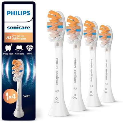 Philips HX9094/87 Sonicare A3 Premium All-in-One Cabezales de Repuesto, 4 unidades, Blanco