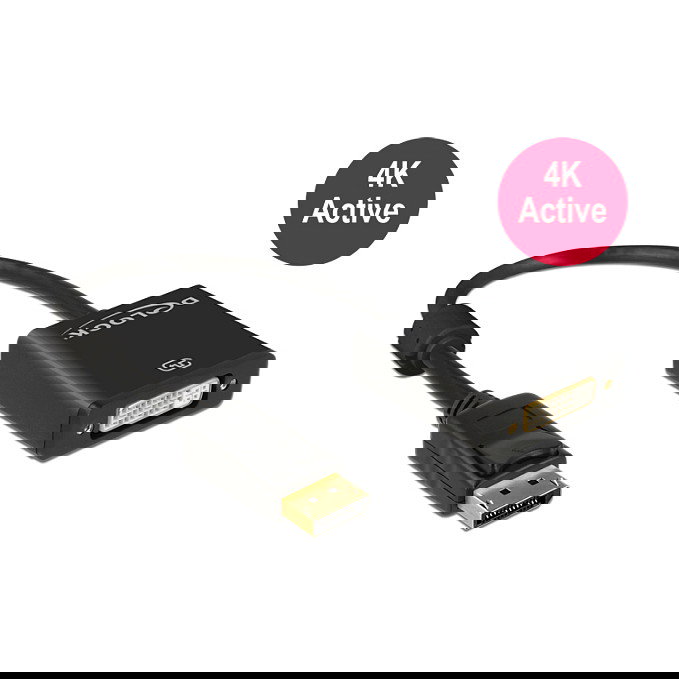 DeLOCK 62599 Adaptador DisplayPort 1.2 Macho a DVI-I Hembra, 0.2m, Chapado en Oro, Resolución 4K 3840x2160, Color Negro