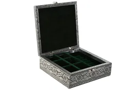 DKD Home Decor Joyero Indio Pavo Real Plateado Verde Madera y Aluminio 18 x 18 x 6 cm