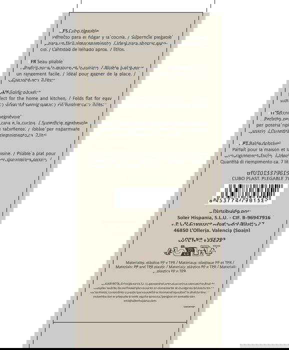 Inde Cubo Plegable 7 Litros, Cubo de Plástico con Asas, 27 x 27 x 23.5 cm, Capacidad 7L, Color Gris (12 Unidades)