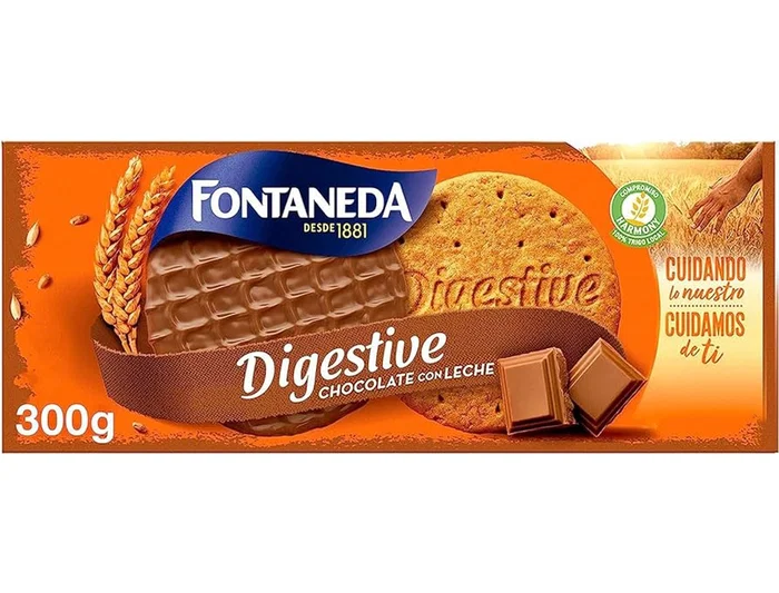 Fontaneda Galletas Digestive con Chocolate con Leche y Fibra, Caja de 300 g, Snack Crujiente