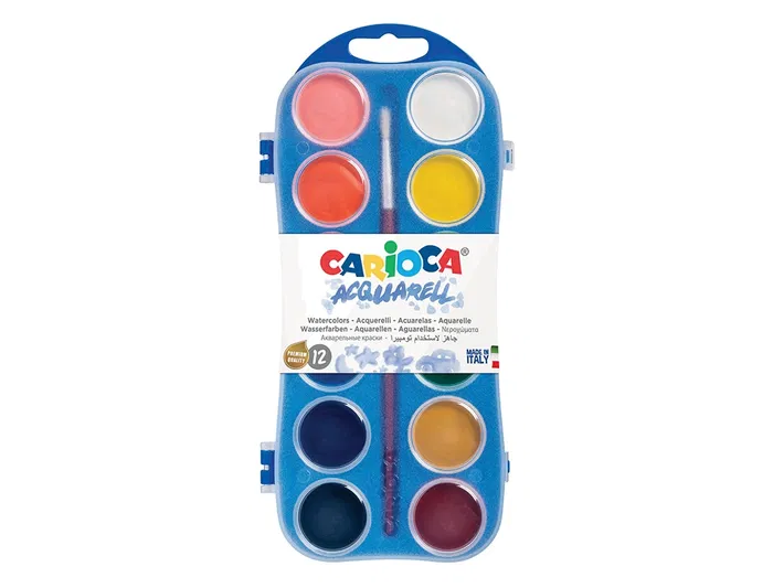 Carioca Acuarela 12 Colores Pastillas Brillantes Mezclables 30mm con Pincel Estuche Plástico