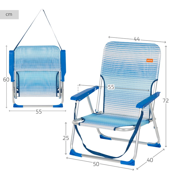 Aktive Silla de playa baja plegable rayas azul con asa de hombro