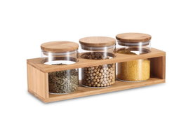 DKD Home Decor Set de 3 Botes de Borosilicato y Bambú Natural