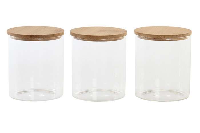 DKD Home Decor Set de 3 Botes de Borosilicato y Bambú Natural DKD Home Decor Set de 3 Botes de Borosilicato y Bambú Natural