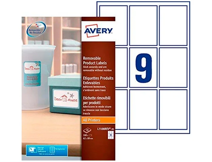 Avery Etiquetas Adhesivas Removibles Blancas 62x89 mm, 9 Etiquetas/Hoja, Compatibles Impresora Láser, Inyección Tinta, Fotocopiadora, Certificado FSC