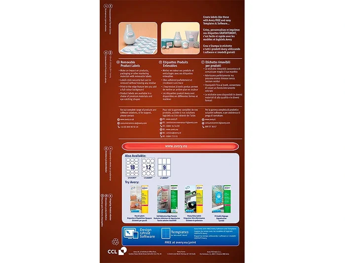 Avery Etiquetas Adhesivas Removibles Blancas 62x89 mm, 9 Etiquetas/Hoja, Compatibles Impresora Láser, Inyección Tinta, Fotocopiadora, Certificado FSC