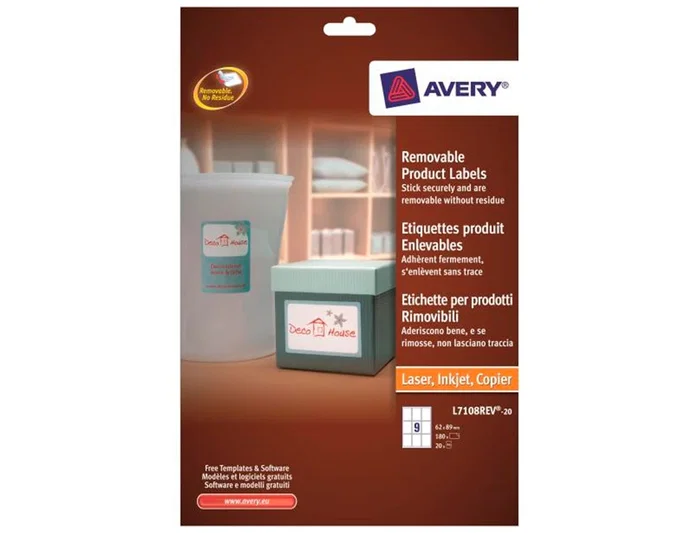 Avery Etiquetas Adhesivas Removibles Blancas 62x89 mm, 9 Etiquetas/Hoja, Compatibles Impresora Láser, Inyección Tinta, Fotocopiadora, Certificado FSC
